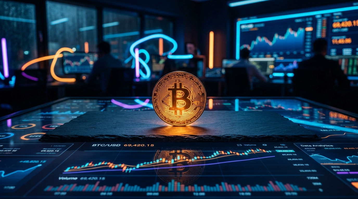 Bitcoin coin on a dark trading terminal with glowing charts