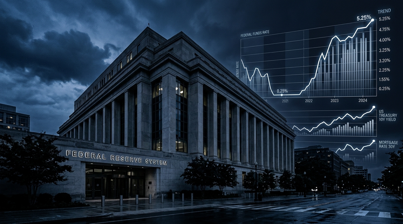 Federal Reserve building at dusk with interest rate chart overlay