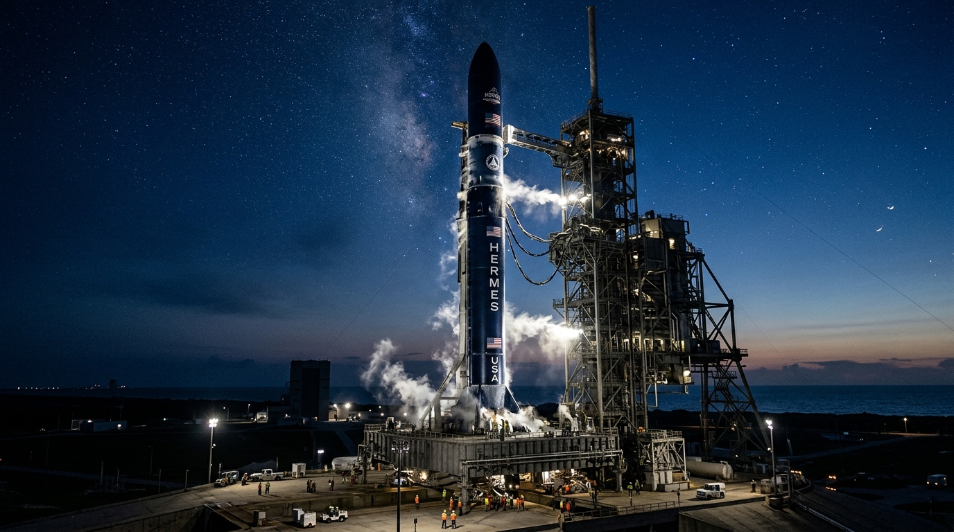 Rocket on launchpad at night under a starry sky